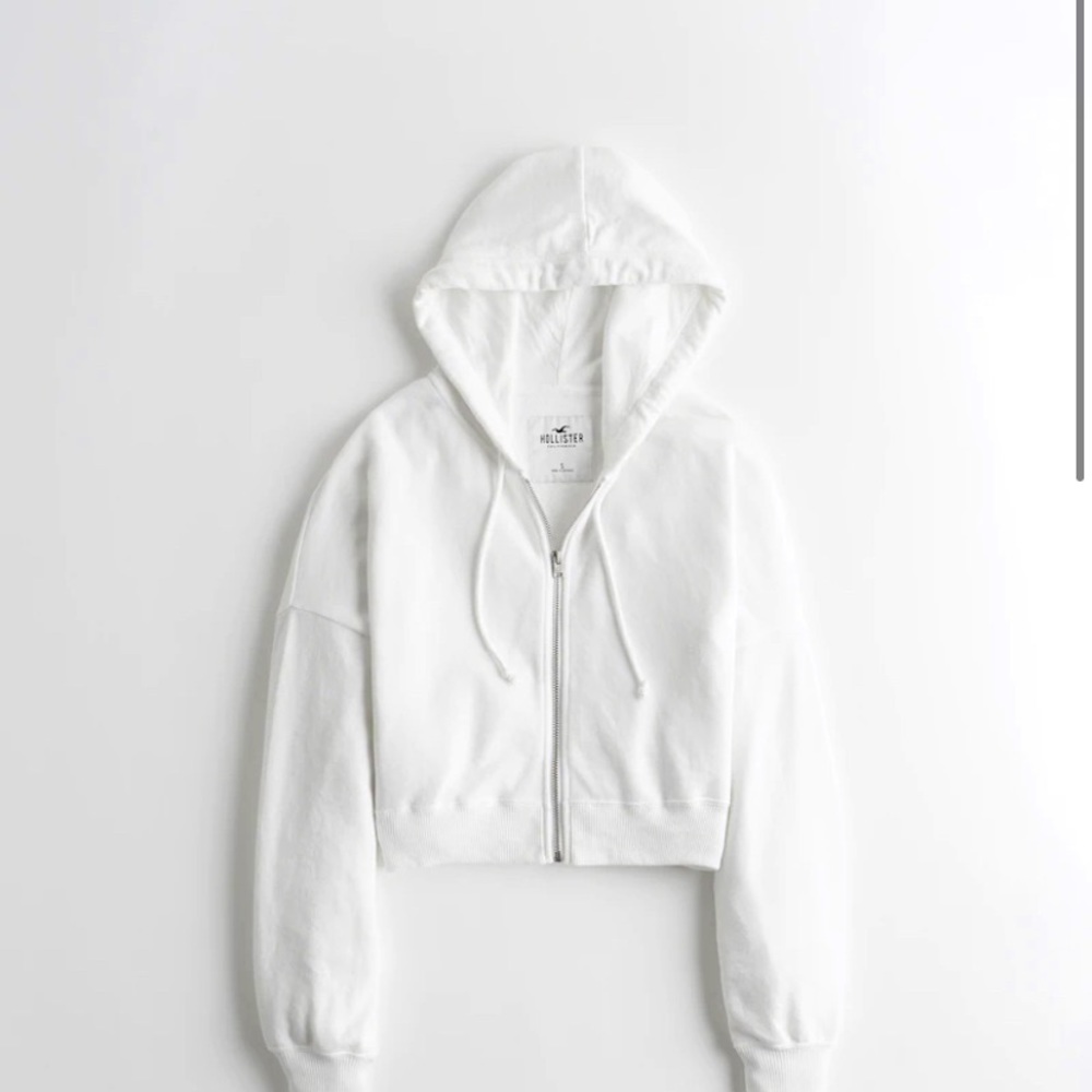 Hollister white cropped zip up hoodie